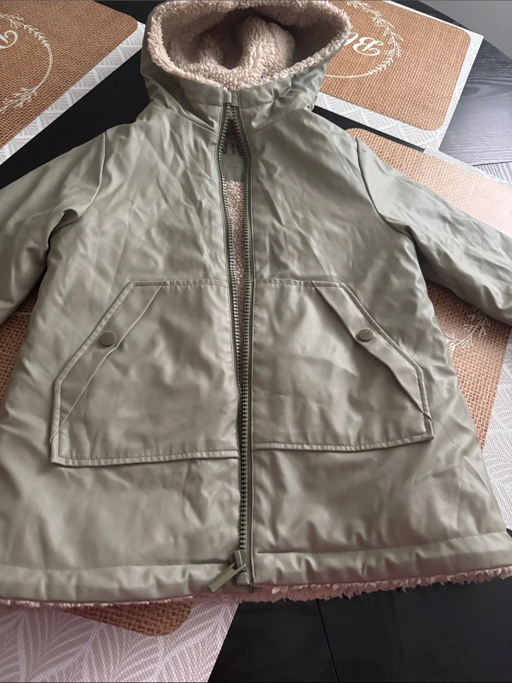 Zara Kids Olive Green Hooded Sherpa-Lined Pea Coat